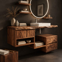 Corner detail of floating wood vanity cabinet with a natural edge top and an offset side unit beside wood, brass and linen samples