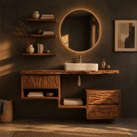 Floating wood vanity cabinet with a natural edge top and an offset side unit in a dark bathroom at golden hour