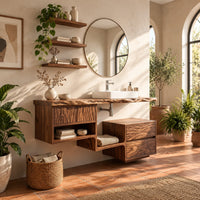 Floating wood vanity cabinet with a natural edge top and an offset side unit in a bright bathroom with arched windows and plants