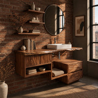 Floating wood vanity cabinet with a natural edge top and an offset side unit in an industrial loft bathroom with exposed brick
