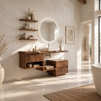 Floating wood vanity cabinet with a natural edge top and an offset side unit in a bright open plan bathroom