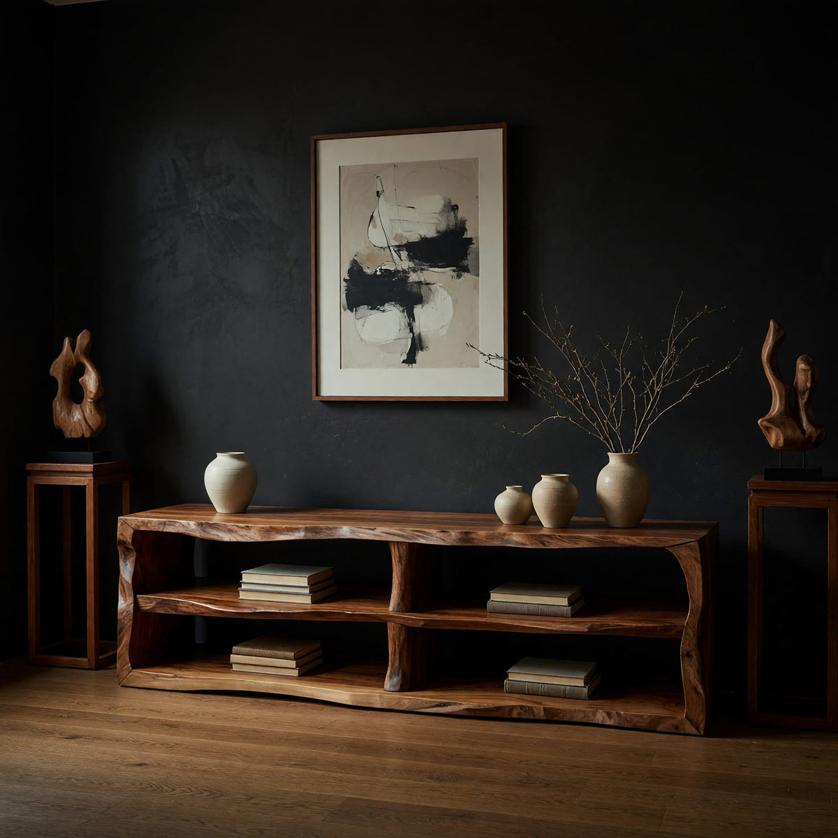 Live edge TV cabinet with open shelves in a dark studio against a charcoal wall