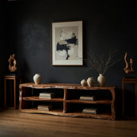 Live edge TV cabinet with open shelves in a dark studio against a charcoal wall