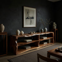 Live edge TV cabinet with open shelves, three-quarter view showing the grain