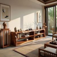 Live edge TV cabinet with open shelves in a sunlit room with large windows and plants
