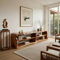 Live edge TV cabinet with open shelves in a bright modern living room