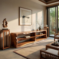 Live edge TV cabinet with open shelves in an open plan space in daylight