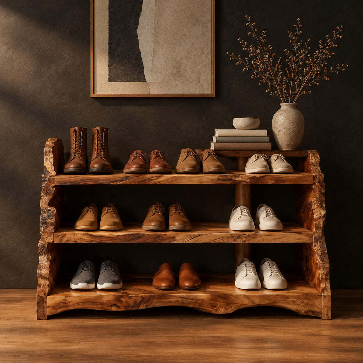 Open shoe shelf with three tiers and natural live edge sides in a dark studio against a charcoal plaster wall