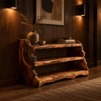 Open shoe shelf with three tiers and natural live edge sides in an evening entryway with walnut wall paneling