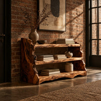 Open shoe shelf with three tiers and natural live edge sides in an industrial loft entryway with exposed brick