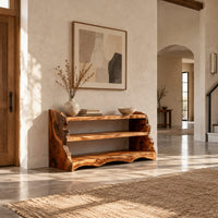 Open shoe shelf with three tiers and natural live edge sides in a bright open plan entryway