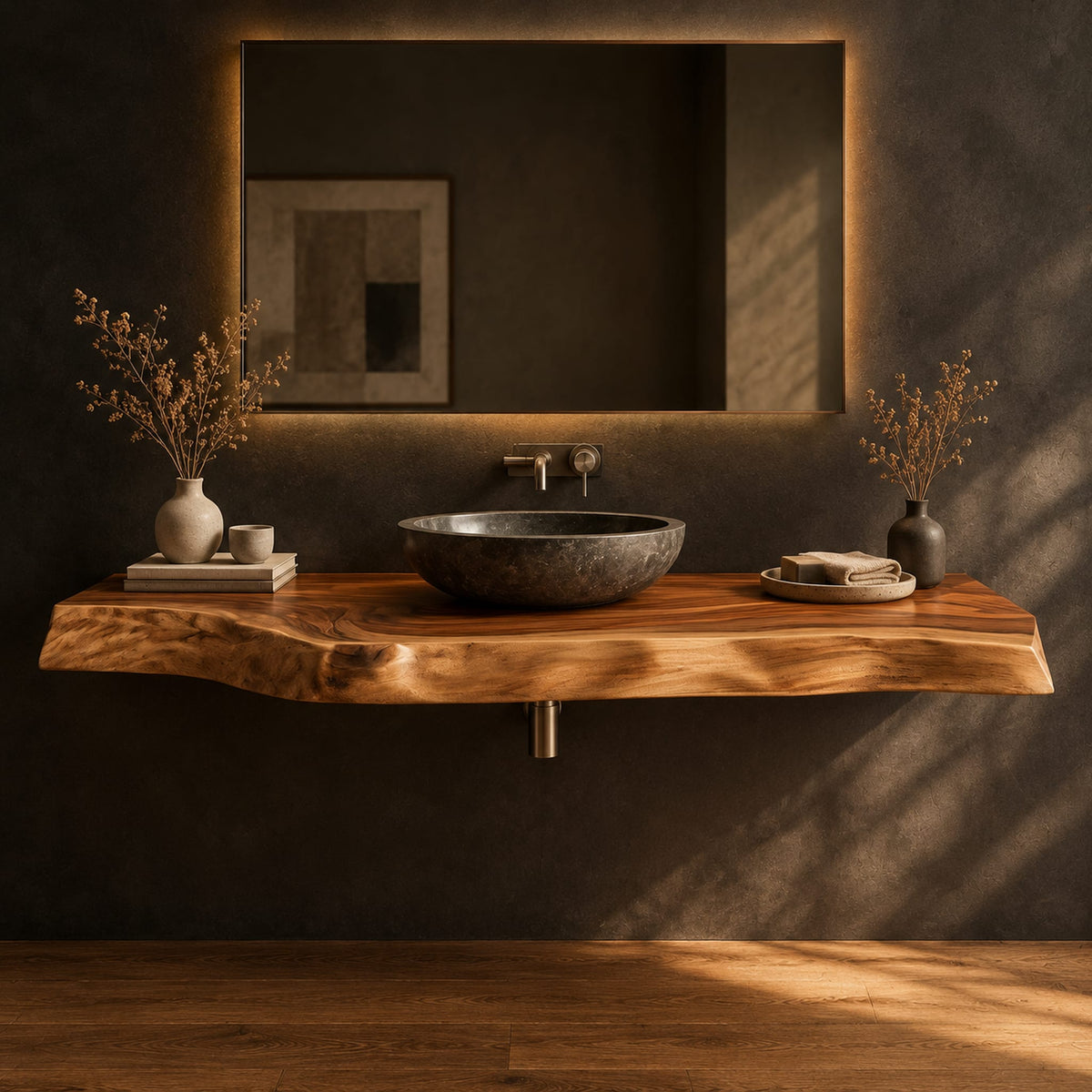 Thick live edge wood slab with natural wavy edge and open space below in a dark studio against a charcoal plaster wall