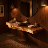 Thick live edge wood slab with natural wavy edge and open space below in an evening bathroom with walnut wall paneling