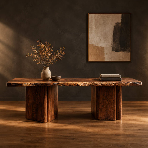 Live Edge Slab Coffee Table With Two Chunky Block Pedestals