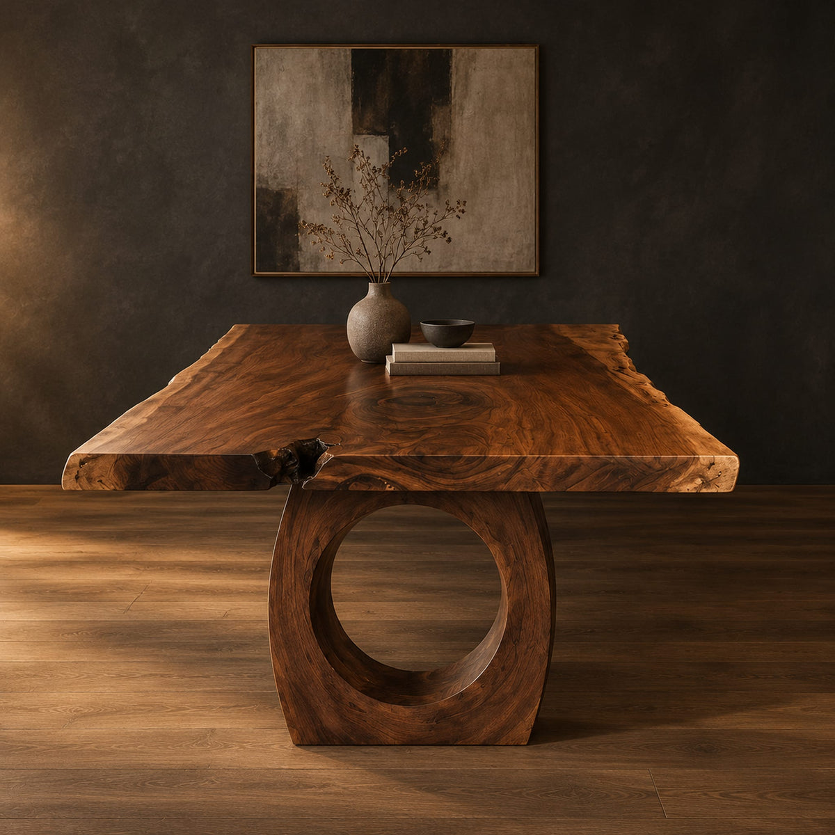 Long live edge slab dining table on thick ring shaped bases in a dark studio against a charcoal plaster wall