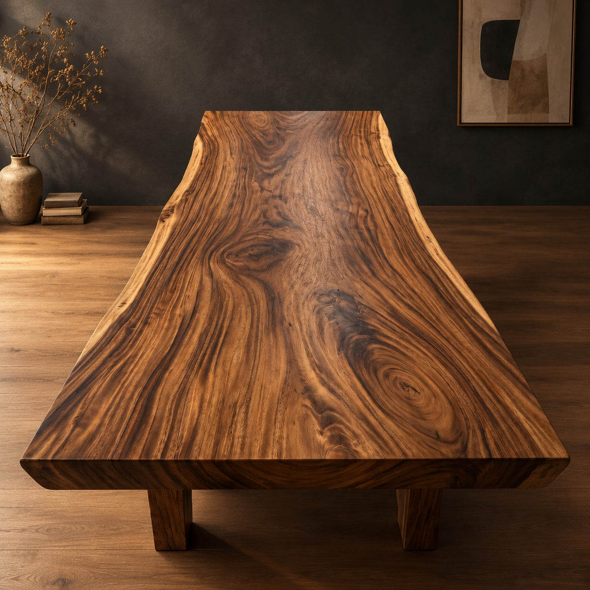 Thick wooden slab table top with a wavy natural edge and swirling grain in a dark studio against a charcoal plaster wall