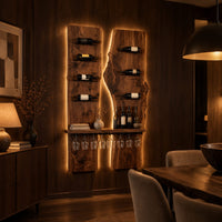 Two tall wood slab panels with slim dark pegs and a shelf for glasses in an evening dining room with walnut wall paneling