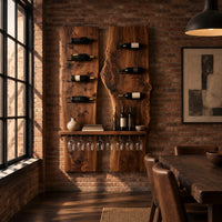Two tall wood slab panels with slim dark pegs and a shelf for glasses in an industrial loft dining room with exposed brick
