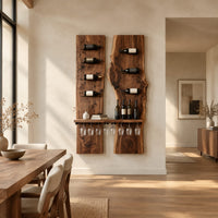 Two tall wood slab panels with slim dark pegs and a shelf for glasses in a bright open plan dining room