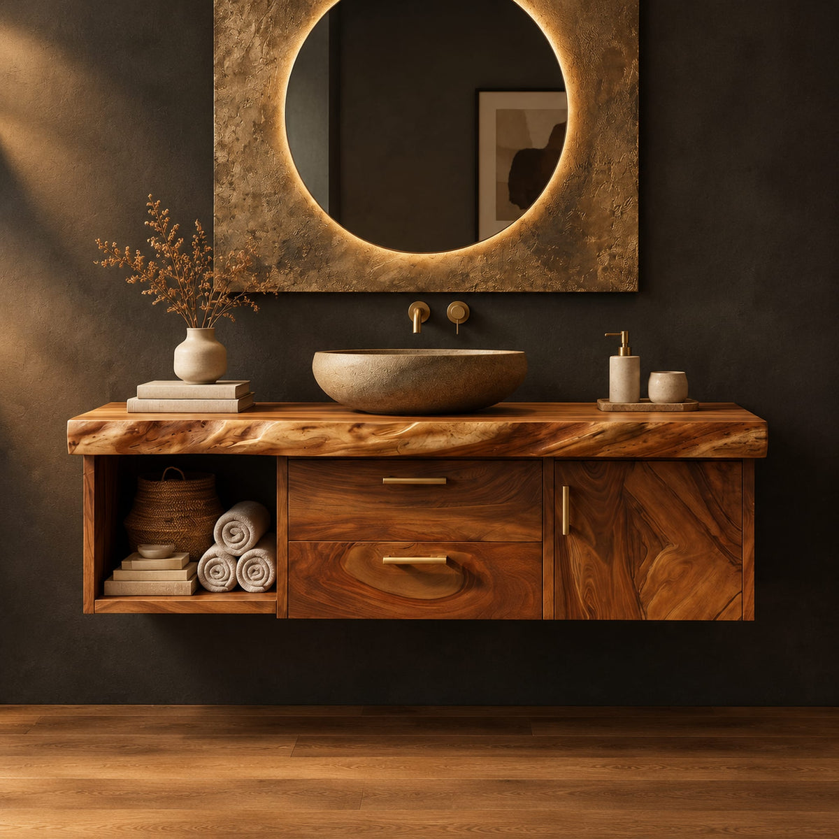 Floating vanity with live edge top, open cubby, two drawers and a door in a dark studio against a charcoal plaster wall