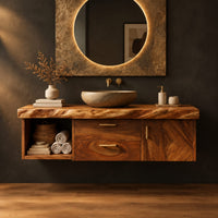 Floating vanity with live edge top, open cubby, two drawers and a door in a dark studio against a charcoal plaster wall