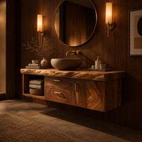 Floating vanity with live edge top, open cubby, two drawers and a door in an evening bathroom with walnut wall paneling