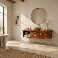 Floating vanity with live edge top, open cubby, two drawers and a door in a bright open plan bathroom