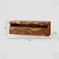 Live Edge Top Bathroom Vanity With Wave Carved Front And Open Shelf dimension diagram with width, height and depth