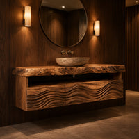 Wall hung cabinet with live edge top, open shelf and wave carved front in an evening bathroom with walnut wall paneling