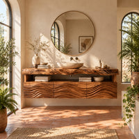 Wall hung cabinet with live edge top, open shelf and wave carved front in a bright bathroom with arched windows and plants