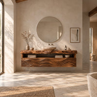 Wall hung cabinet with live edge top, open shelf and wave carved front in a bright open plan bathroom