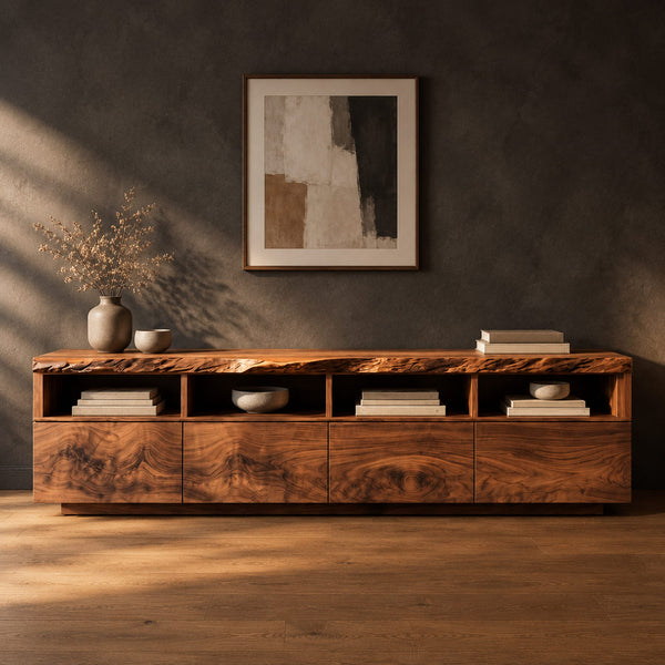 Live Edge TV Stand With Four Open Cubbies And Swirling Grain Fronts