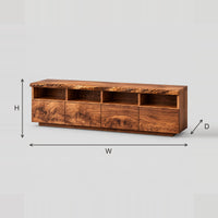 Live Edge TV Stand With Four Open Cubbies And Swirling Grain Fronts dimension diagram with width, height and depth