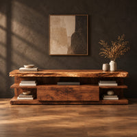 Live edge tv stand with open end shelves and two flush center panels in a dark studio against a charcoal plaster wall
