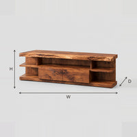 Live Edge TV Stand With Open End Shelves And A Center Cabinet dimension diagram with width, height and depth