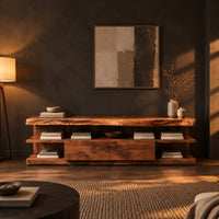 Live edge tv stand with open end shelves and two flush center panels in a dark living room at golden hour