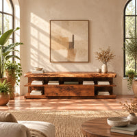 Live edge tv stand with open end shelves and two flush center panels in a bright living room with arched windows and plants