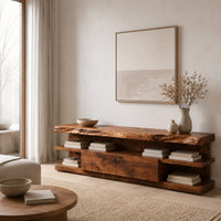 Live edge tv stand with open end shelves and two flush center panels in a Scandinavian living room with white walls