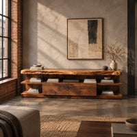 Live edge tv stand with open end shelves and two flush center panels in an industrial loft living room with exposed brick