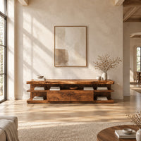 Live edge tv stand with open end shelves and two flush center panels in a bright open plan living room