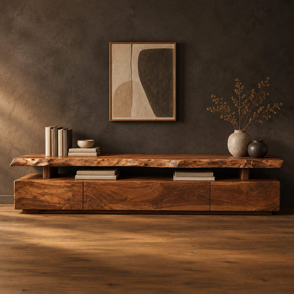 Live Edge TV Stand With Raised Slab Top And Low Block Base