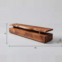 Live Edge TV Stand With Raised Slab Top And Low Block Base dimension diagram with width, height and depth