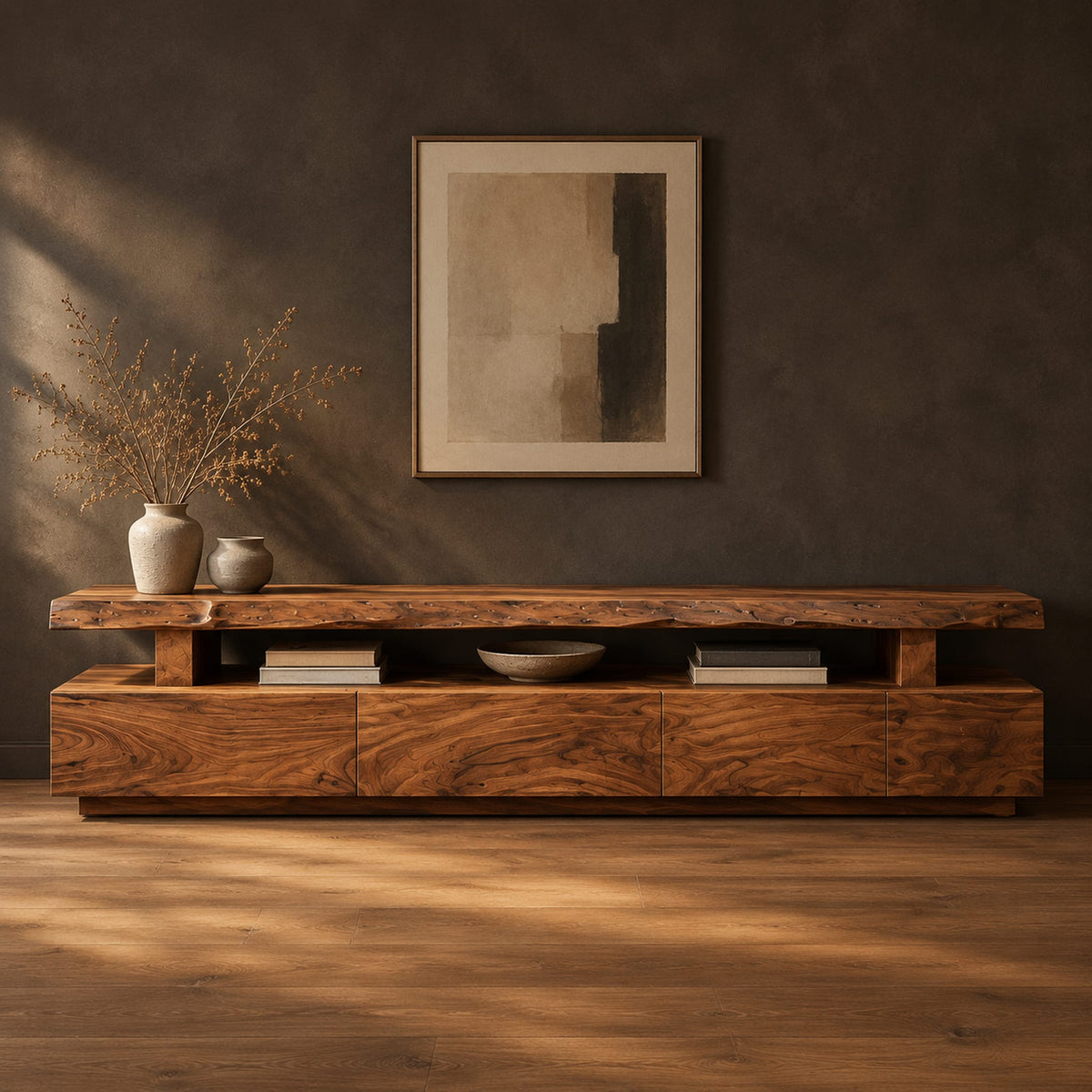 Live edge tv stand with a raised slab top and an open display gap in a dark studio against a charcoal plaster wall
