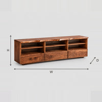 Live Edge TV Stand With Three Open Shelf Bays And Lower Panels dimension diagram with width, height and depth
