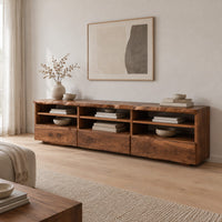 Live edge tv stand with three open shelf bays and lower front panels in a Scandinavian living room with white walls