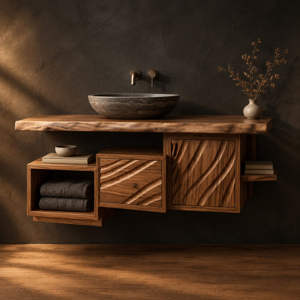 Live Edge Wave Carved Bathroom Vanity, Open Cubby, Side Shelf