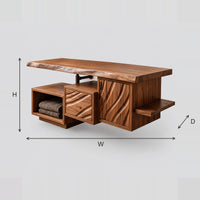 Live Edge Wave Carved Bathroom Vanity, Open Cubby, Side Shelf dimension diagram with width, height and depth