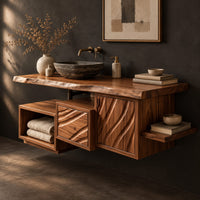 Corner detail of floating bathroom vanity cabinet with a live edge top and wave carved fronts beside wood, brass and linen samples