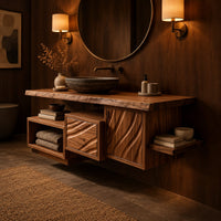 Floating bathroom vanity cabinet with a live edge top and wave carved fronts in an evening bathroom with walnut wall paneling