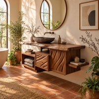 Floating bathroom vanity cabinet with a live edge top and wave carved fronts in a bright bathroom with arched windows and plants